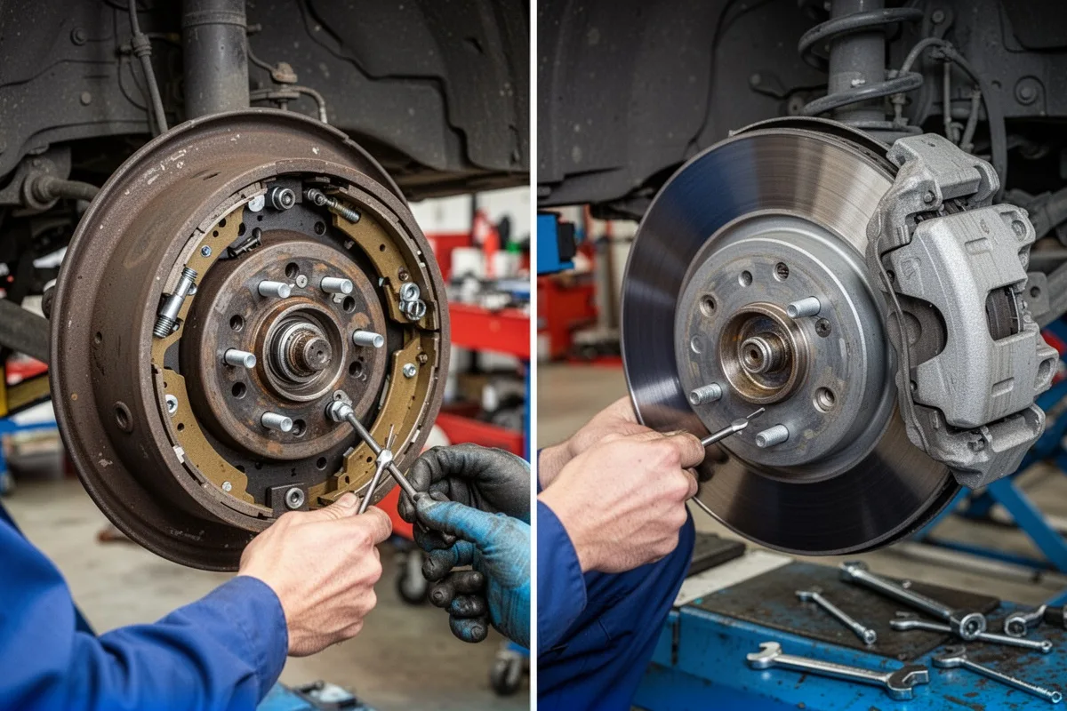 rear brake drum and shoes vs rear disc brake comparison mechanic inspection