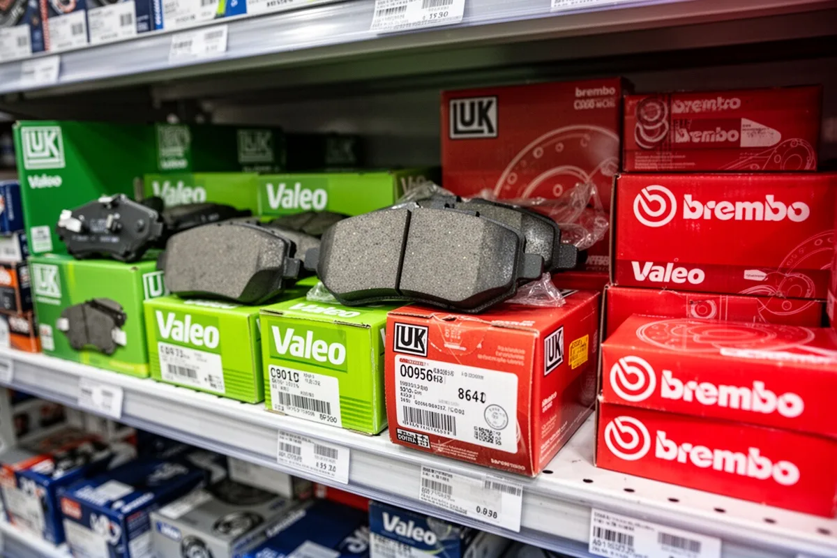 various brake pad brands displayed on shelf LUK Valeo Brembo boxes automotive parts store