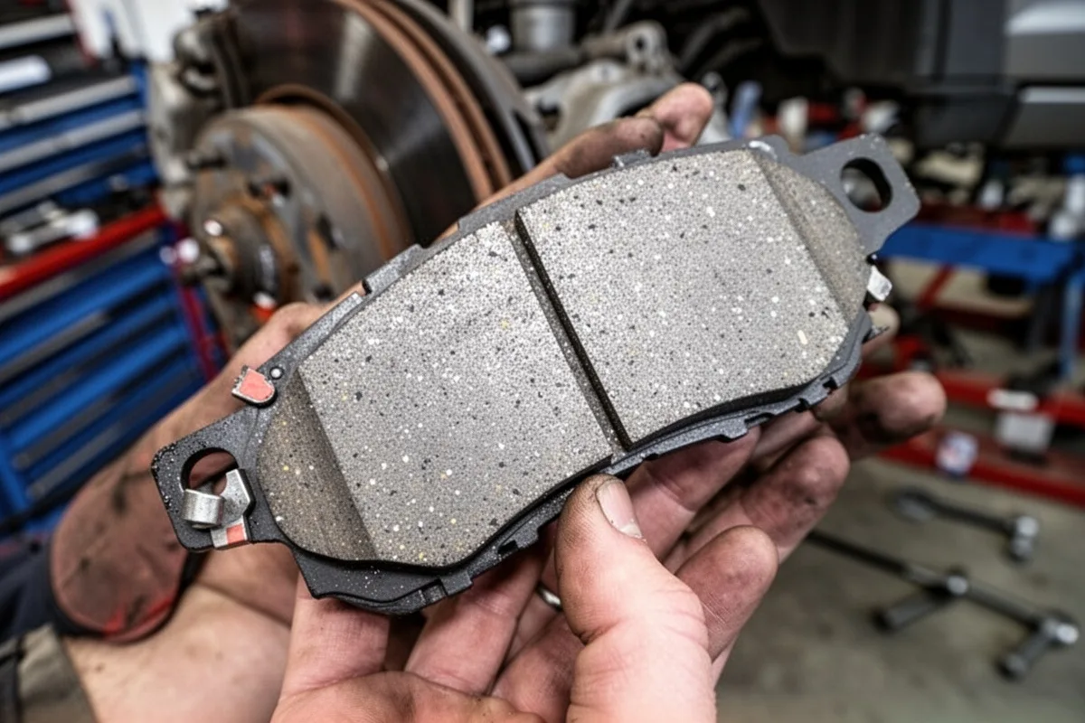car brake pad close up showing wear indicator mechanic hands holding brake pad workshop