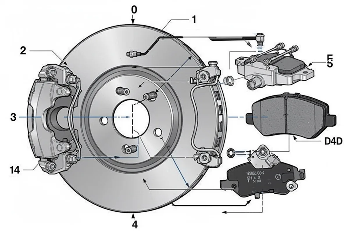 diagram showing brake system components disc rotor caliper brake pad technical illustration