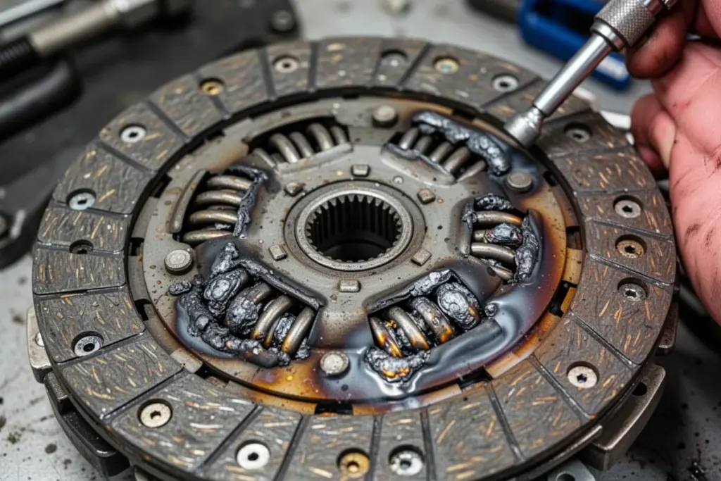 worn clutch pressure plate showing heat damage and glazing close up mechanic inspection