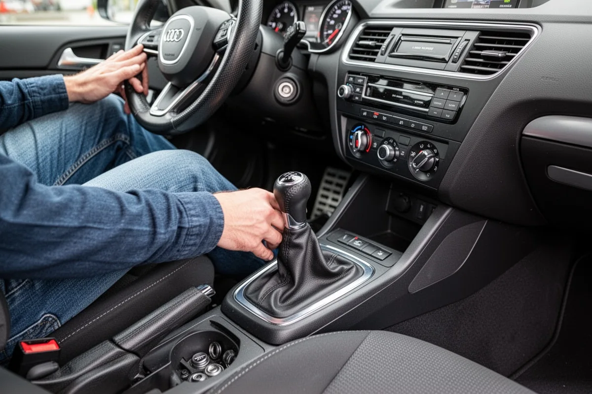 driver pressing clutch pedal car interior view manual transmission