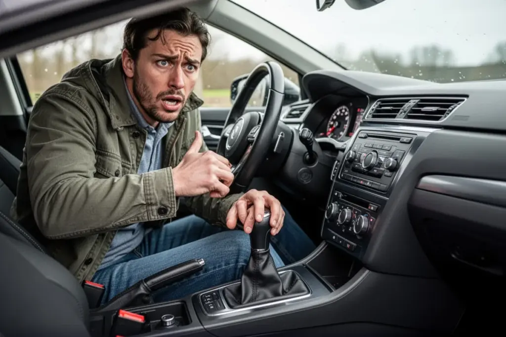 car driver struggling with gear shift manual transmission problem worried expression