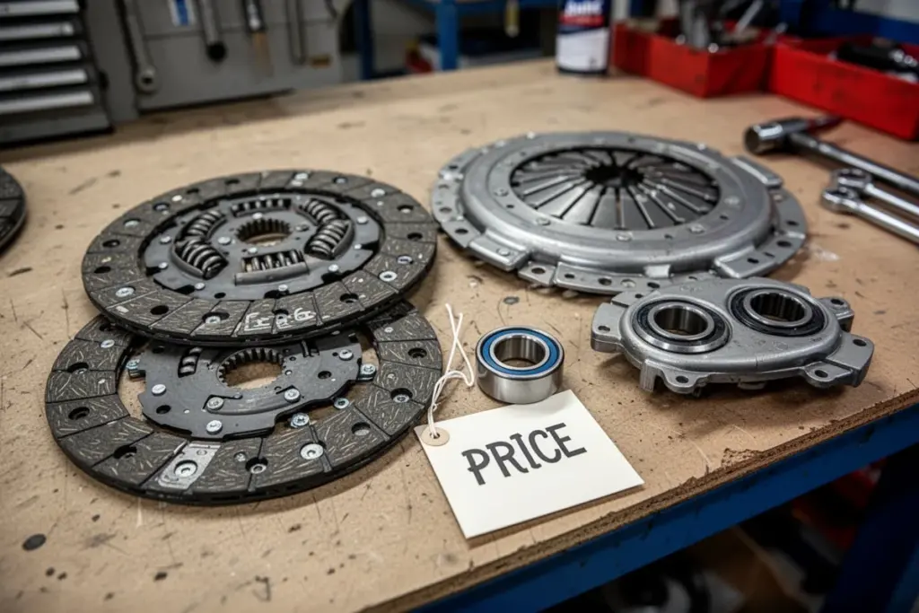 clutch kit parts laid out on workshop table pressure plate disc bearing price tag concept