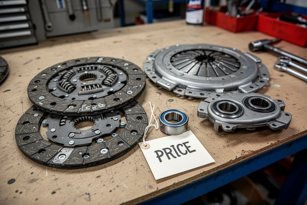 clutch kit parts laid out on workshop table pressure plate disc bearing price tag concept