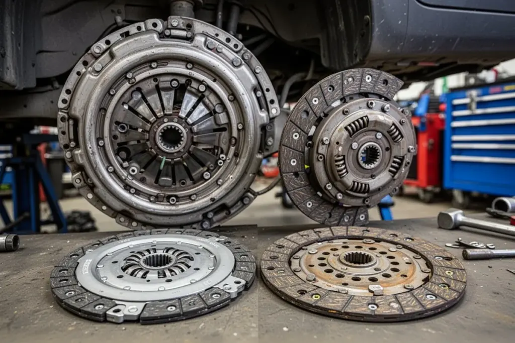 clutch pressure plate removed from car worn clutch disc comparison new vs old mechanic workshop