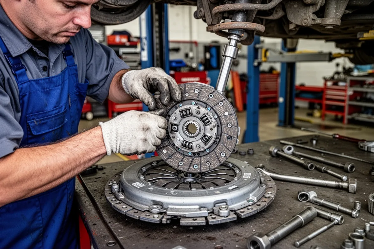mechanic installing new clutch kit pressure plate professional garage work