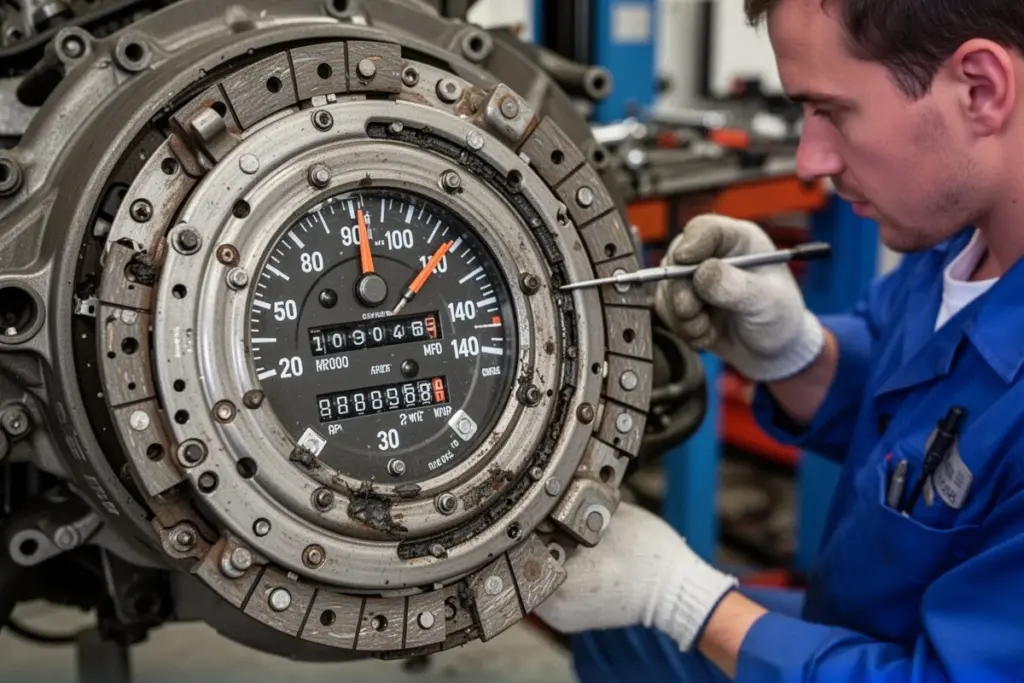 odometer showing high mileage clutch disc wear indicator mechanic inspection