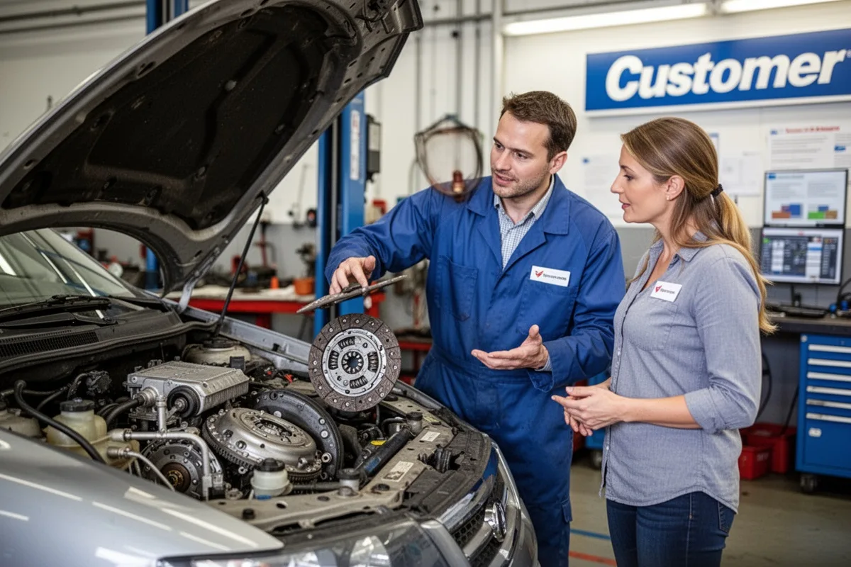 mechanic explaining clutch problem to car owner workshop customer service
