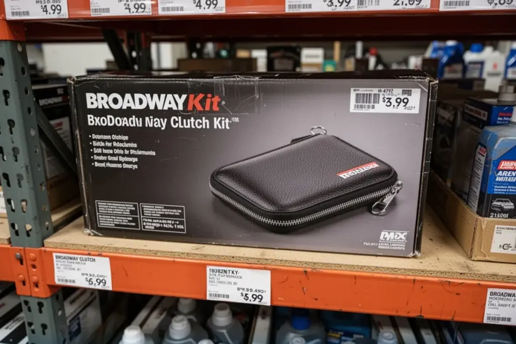 Broadway clutch kit box on workshop shelf budget automotive parts price tag visible