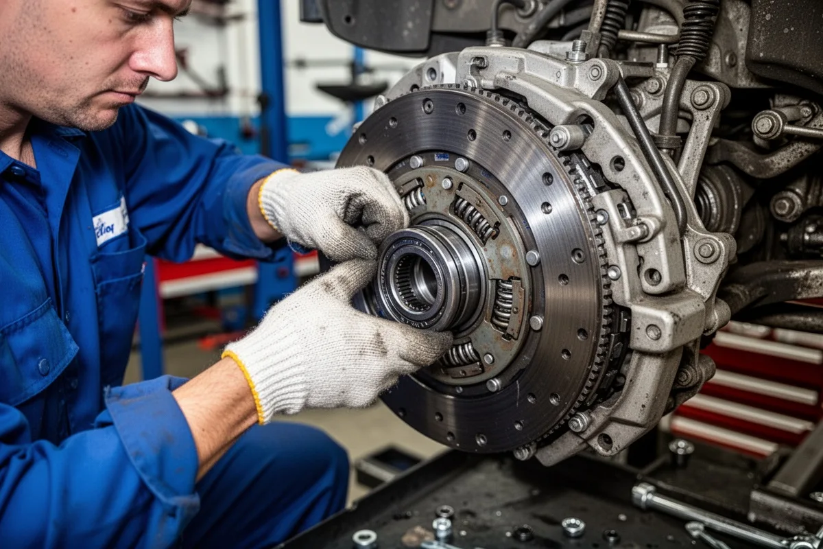mechanic installing clutch bearing during clutch replacement workshop