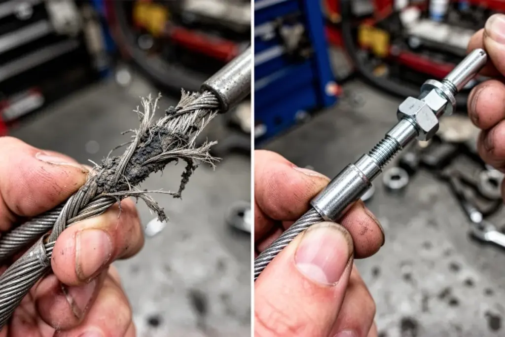 clutch cable close up frayed worn cable vs new cable comparison mechanic hands