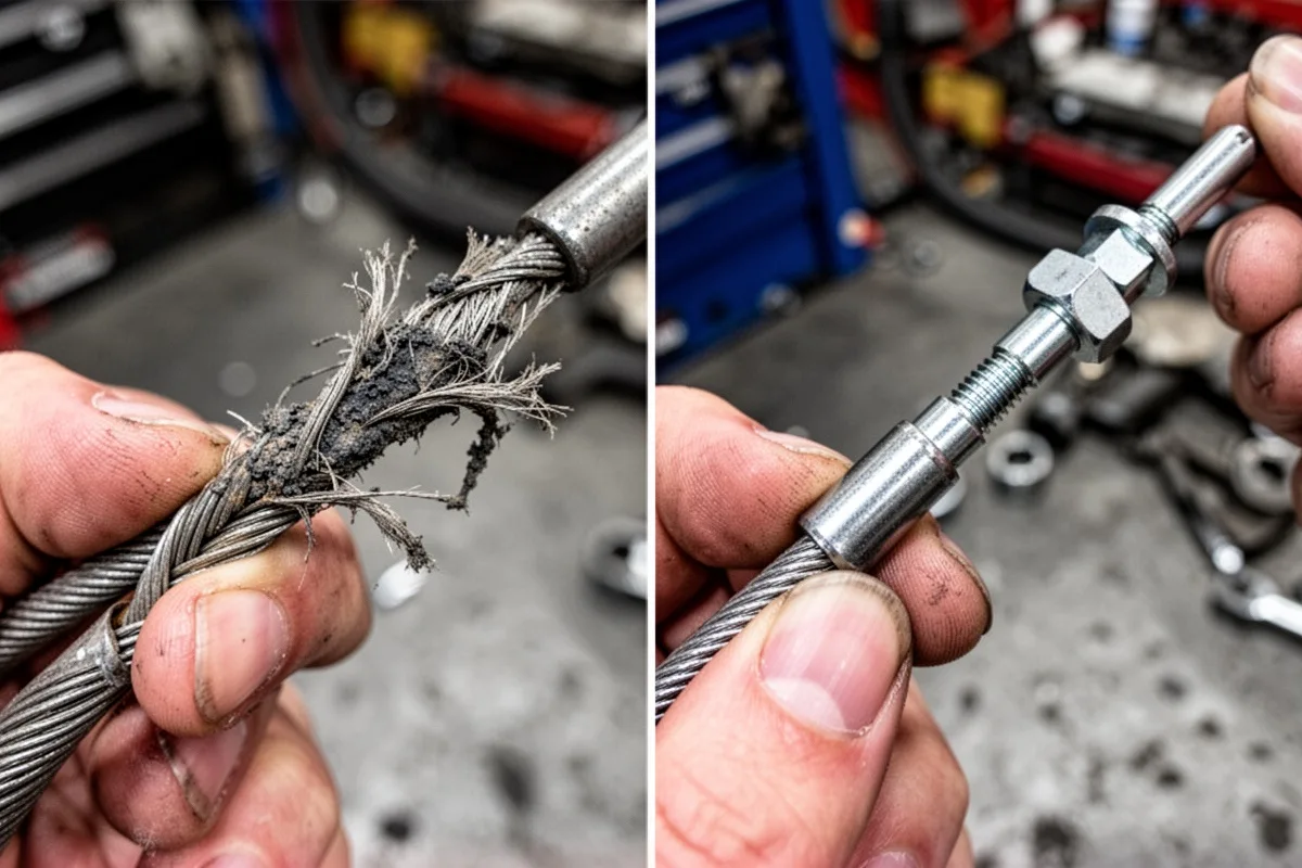 clutch cable close up frayed worn cable vs new cable comparison mechanic hands