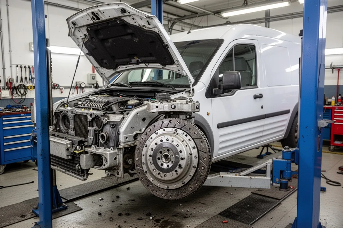 Ford Transit Connect van in workshop for clutch service commercial vehicle maintenance