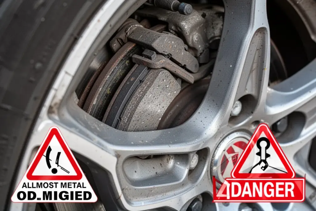 thin worn brake pad visible through wheel spoke almost metal to metal danger sign