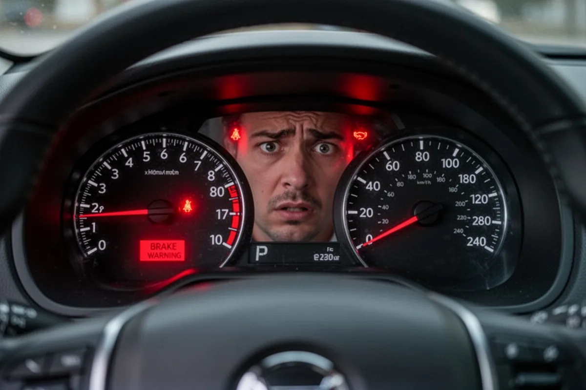 car dashboard showing brake warning light illuminated driver concerned expression