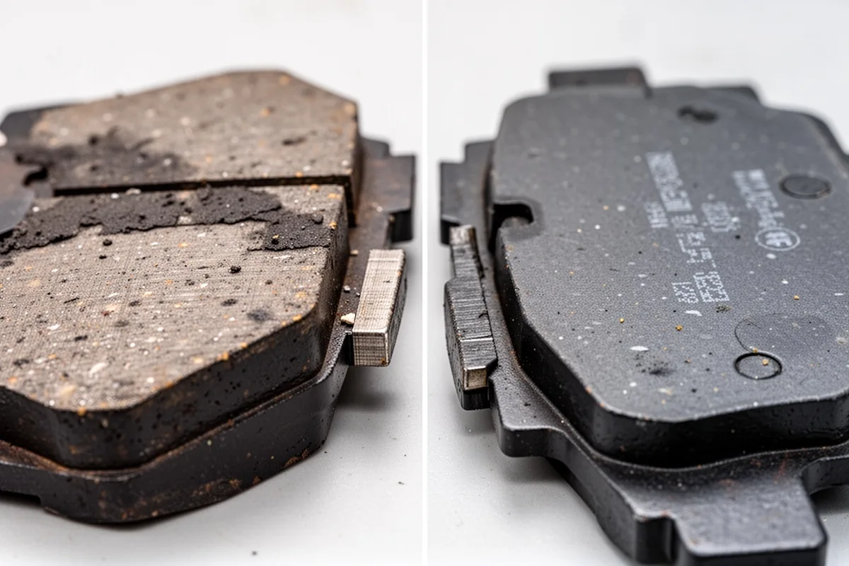 worn brake pad vs new brake pad comparison side by side thickness difference visible