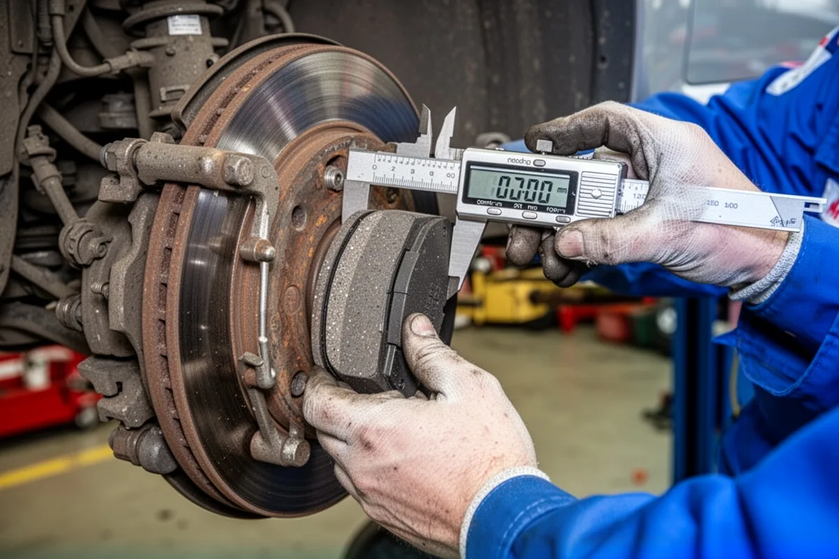 brake system inspection mechanic measuring brake pad thickness with caliper tool