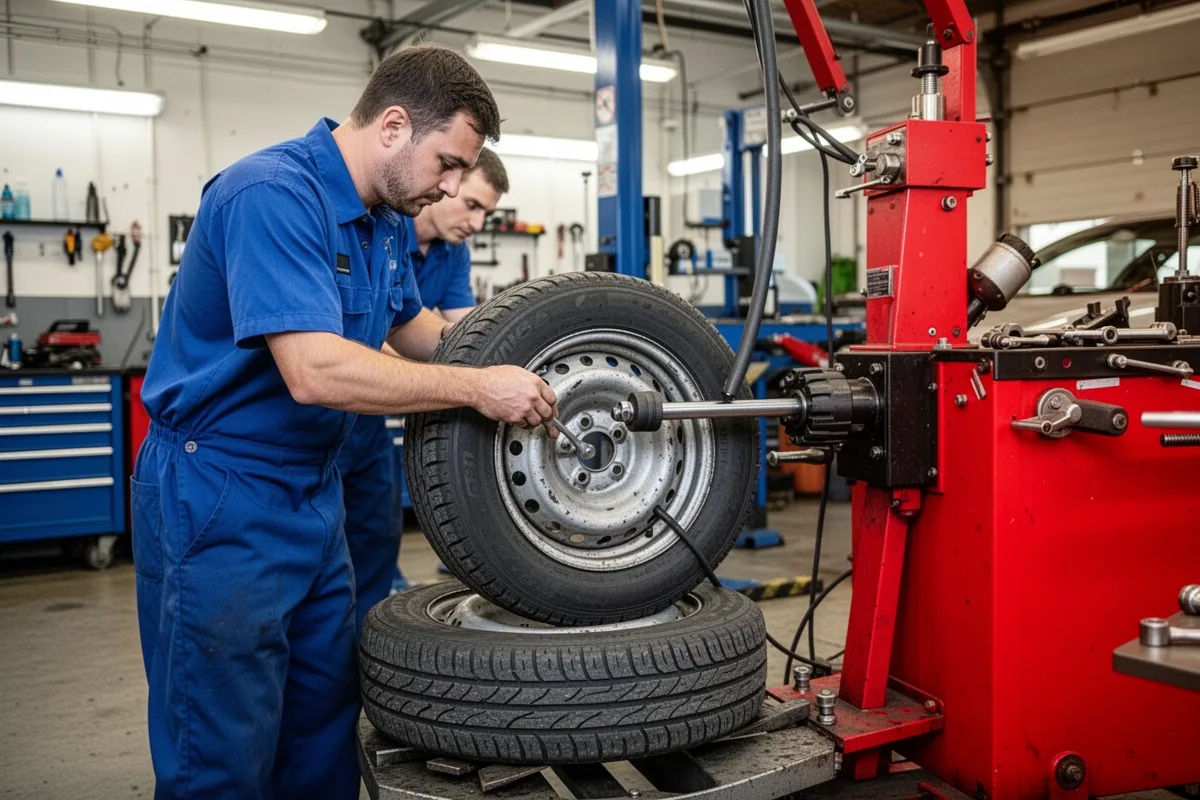 tire change service in garage mechanic mounting tire on rim professional equipment