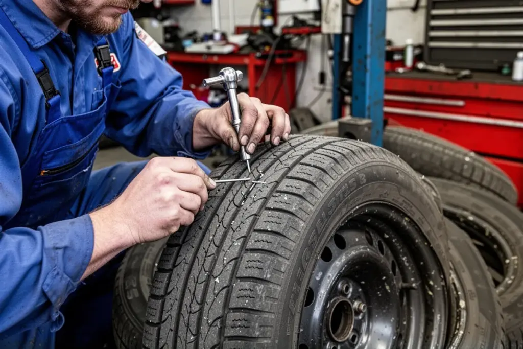 mechanic repairing flat tire removing nail from tire tread tire repair shop