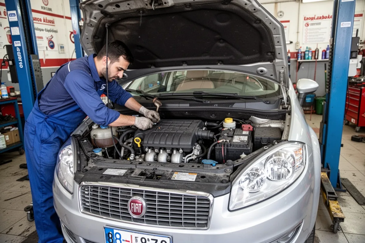 Fiat Linea car engine compartment mechanic working on Italian car Turkish garage