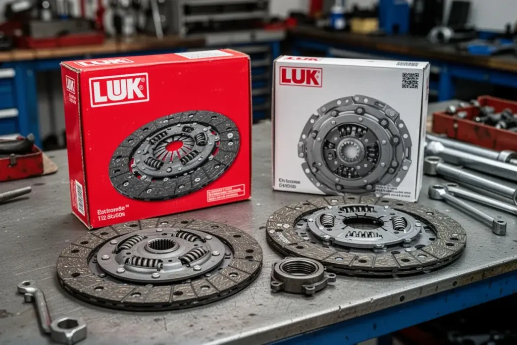 LUK clutch kit box and parts on workshop bench brand comparison concept