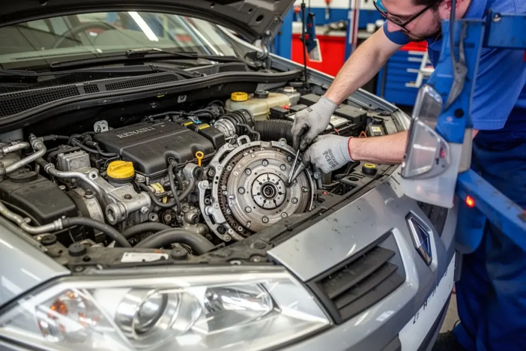 Renault Megane 2 engine bay clutch area mechanic working on French car workshop