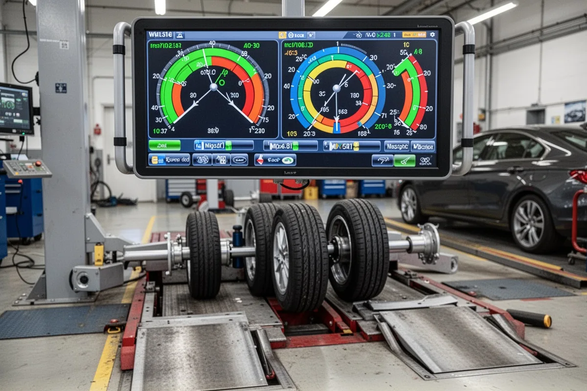 four wheel alignment machine display showing wheel angles car on alignment ramp