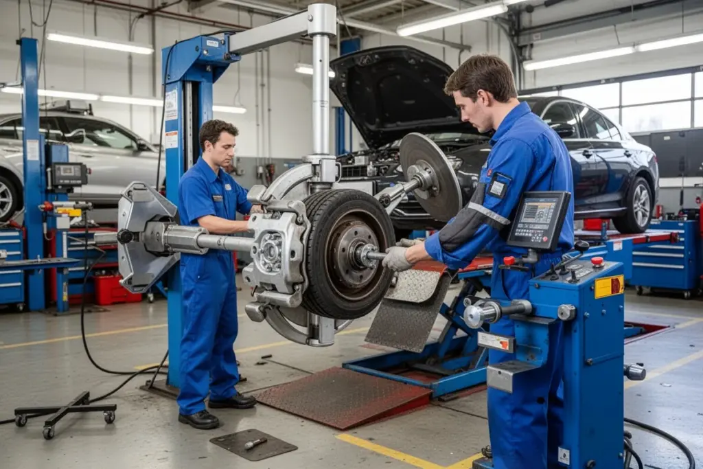 wheel alignment machine in car service garage mechanic checking wheel alignment
