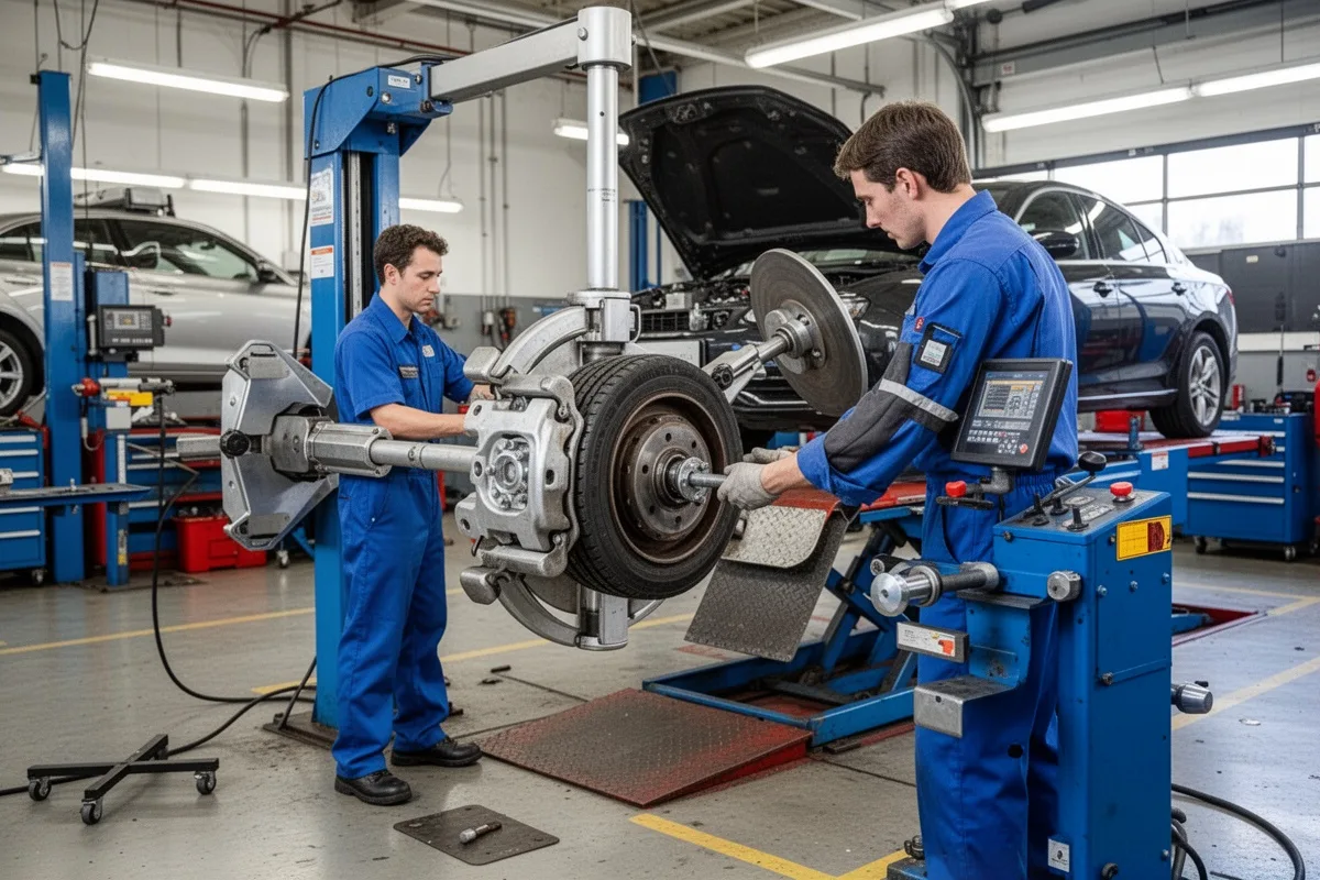 wheel alignment machine in car service garage mechanic checking wheel alignment
