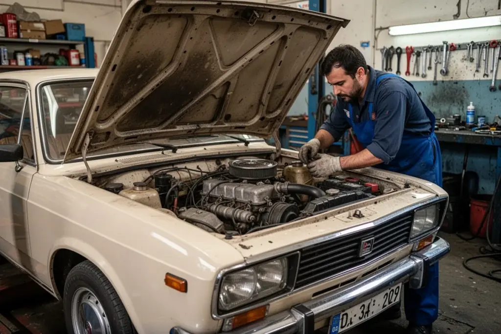 classic Turkish Tofas Sahin car engine compartment mechanic working nostalgic garage
